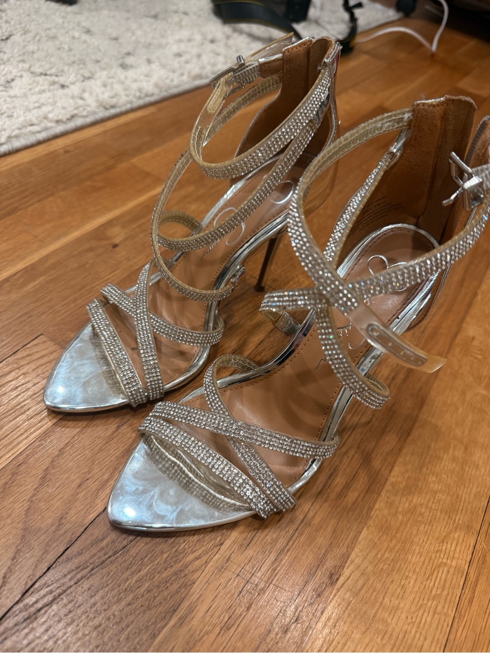 Jessica Simpson Silver Rhinestone Strappy Stiletto Sandals